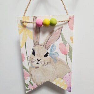 Handcrafted Decoupage Floral Easter Bunny Wooden Hang Tag Tiered Tray Home Decor